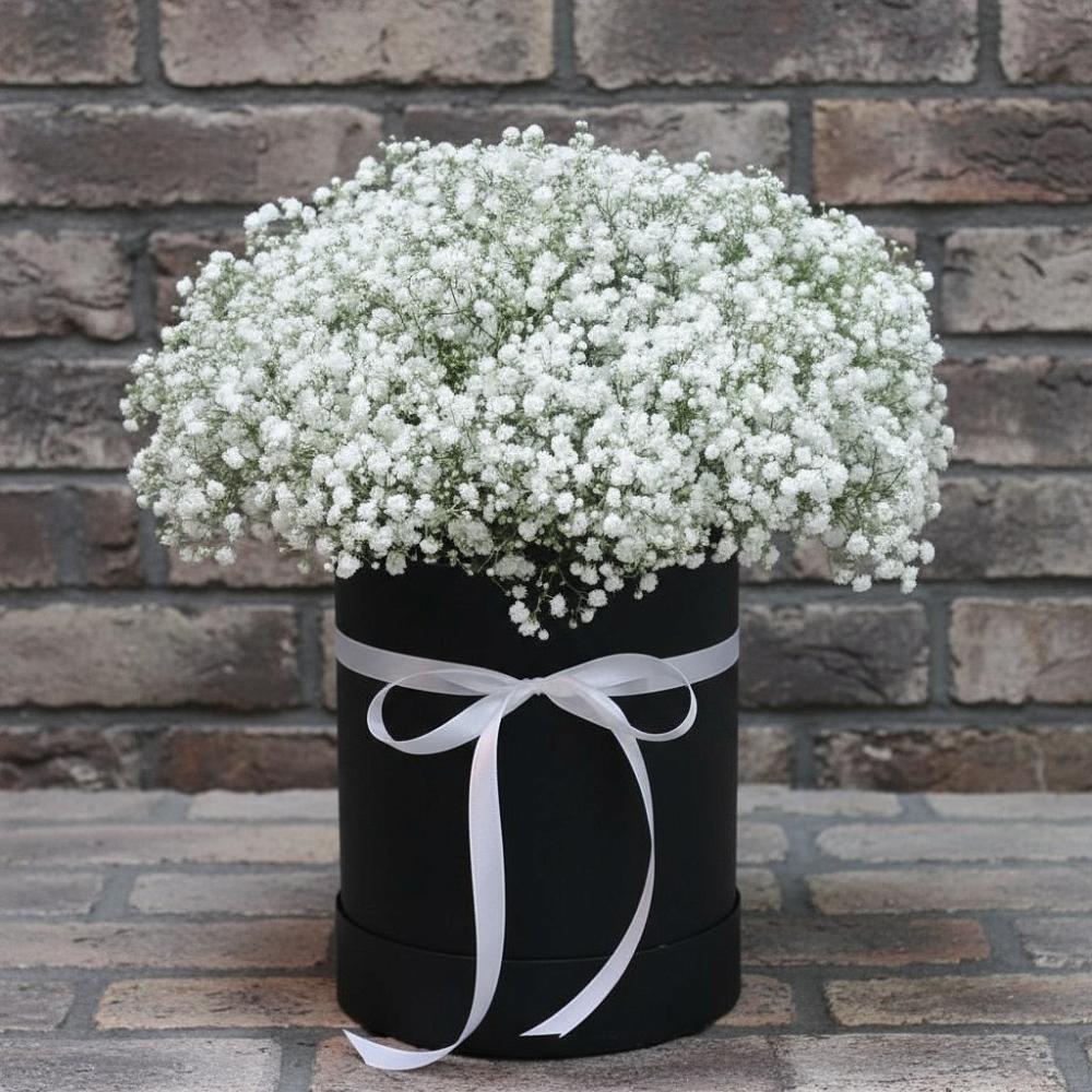 Цветочная композиция из Гипсофила в шляпной коробке в Аромашево