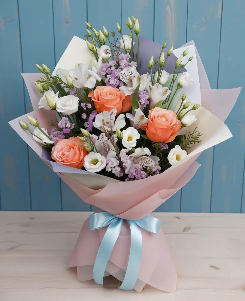 Букет цветов из: Лизиантусы, Розы, Альстромерии и Гипсофила в Аромашево