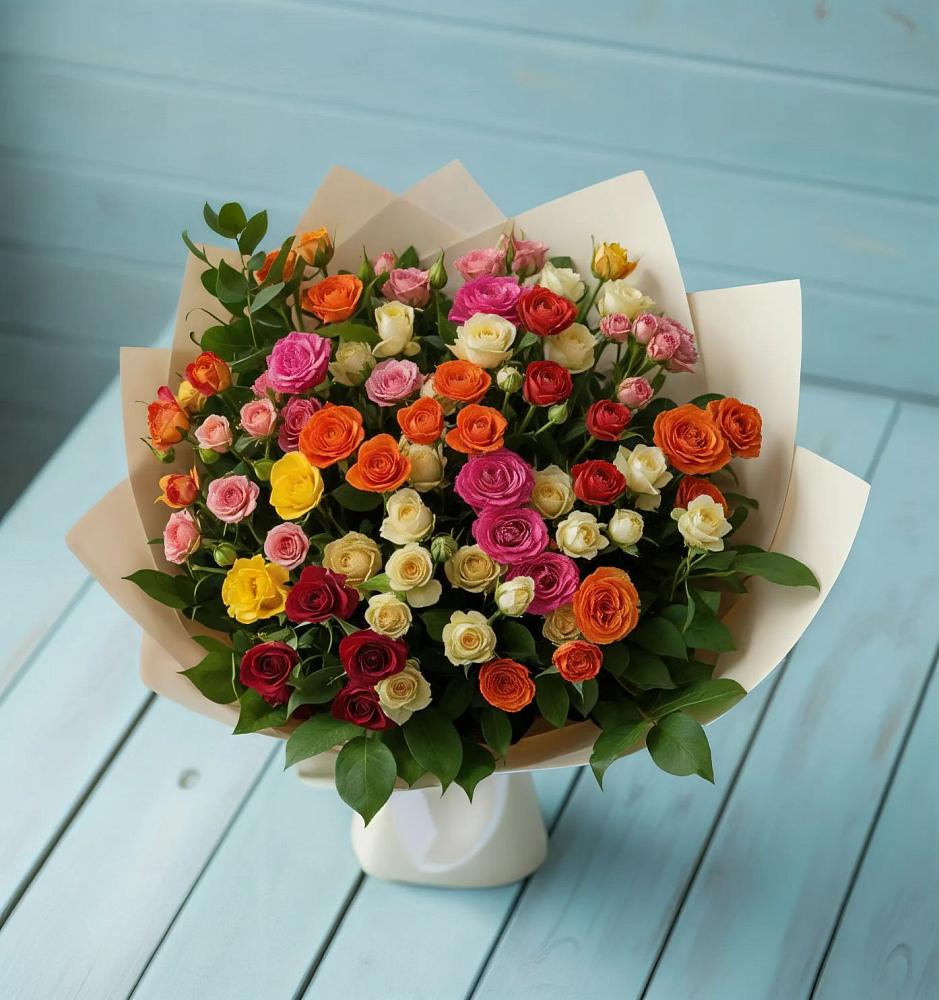 Букет Микс из разноцветных кустовых роз в Аромашево