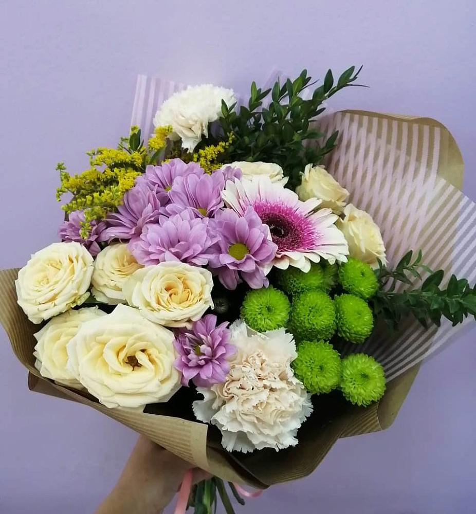 Букет цветов из: Хризантемы, Розы, Гвоздики и Герберы в Аромашево