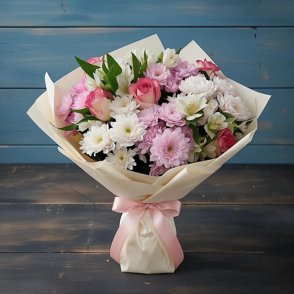 Букет цветов из: Хризантемы, Альстромерии и Розы в Аромашево